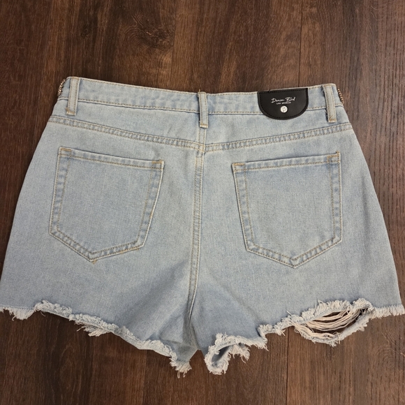 Light Blue Distressed Jean Shorts with Gold Accents - Picture 4 of 4